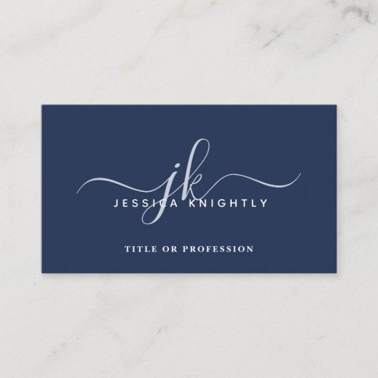 Elegant Navy Blue Monogram Script Initialen Visitekaartje (Voorkant)