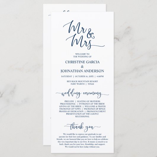 Elegant Navy Blue, Mr en Mrs Wedding Ceremonie Programma (Voorkant / Achterkant)