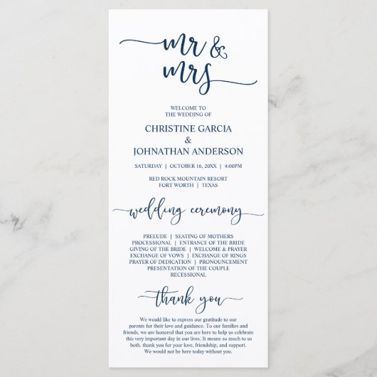 Elegant Navy Blue, Mr en Mrs Wedding Ceremonie Programma (Voorkant)