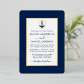 Elegant Navy Blue Nautical Anchor Wedding Gold Folie Uitnodiging (Staand Voorkant)