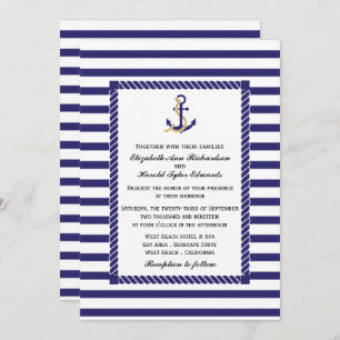 Elegant Navy Blue Nautical Wedding Invitation Kaart