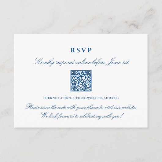 Elegant Navy Blue Online RSVP QR Code Informatiekaartje (Voorkant)