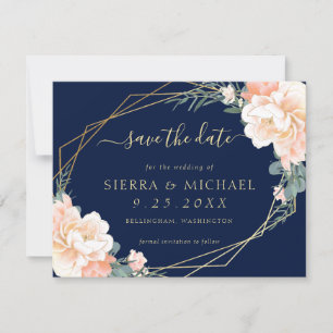 Elegant Navy Blue Peach Gold Floral Save the Date Kaart