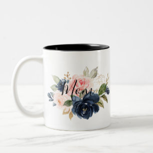 Elegant Navy Blue Pink Blush Floral Ma Tweekleurige Koffiemok