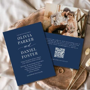 Elegant Navy Blue QR Code Foto bruiloft Kaart