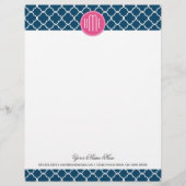 Elegant Navy Blue Quatrefoil met roze Monogram Briefhoofd (Voorkant)