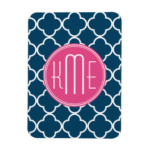 Elegant Navy Blue Quatrefoil met roze Monogram Magneet