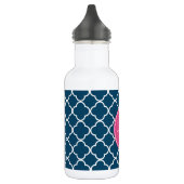 Elegant Navy Blue Quatrefoil met roze Monogram Waterfles (Links)