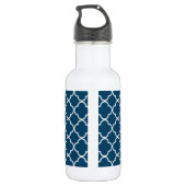 Elegant Navy Blue Quatrefoil met roze Monogram Waterfles (Achterkant)