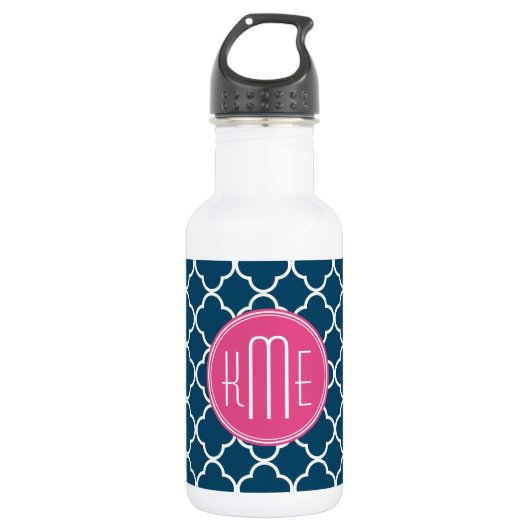 Elegant Navy Blue Quatrefoil met roze Monogram Waterfles (Voorkant)