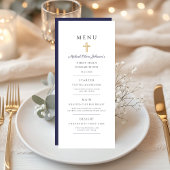 Elegant Navy Blue Religious Cross First Communion Menu