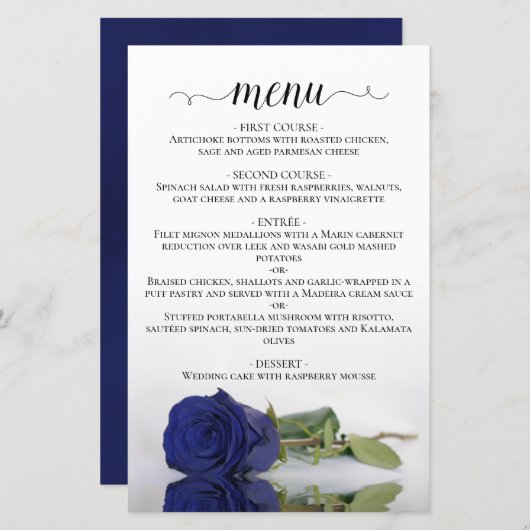 Elegant Navy Blue Roos Budget Wedding Menu (Voorkant / Achterkant)