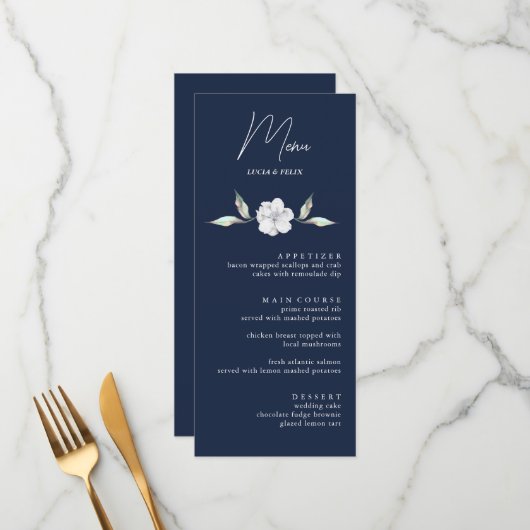 Elegant Navy BLue Roos Floral Wedding Menu Kaarten (Voorkant / Achterkant in situ)