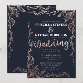 Elegant Navy Blue Roos Gold Floral Vine Wedding Kaart