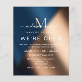 Elegant Navy Blue Roos Gold We're Open Salon Flyer