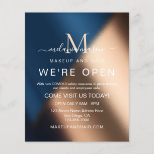 Elegant Navy Blue Roos Gold We're Open Salon Flyer