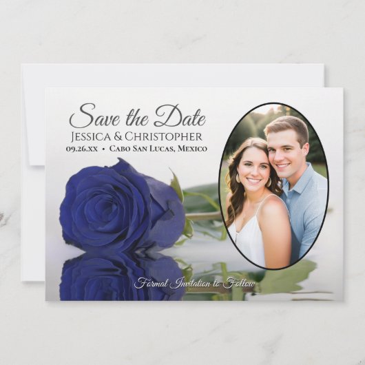 Elegant Navy Blue Roos & Ovaal Foto Bruiloft Save The Date (Voorkant)