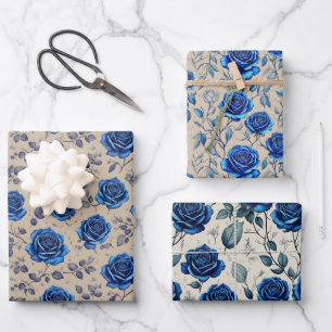 Elegant  Navy Blue Rozen Flora Pattern Inpakpapier Vel
