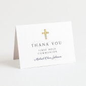 Elegant Navy Blue Script Boy First Communion  Bedankkaart