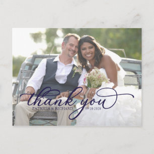Elegant Navy Blue Script Foto bedankt Briefkaart