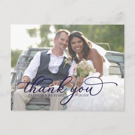 Elegant Navy Blue Script Foto bedankt Briefkaart (Voorkant)