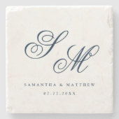 Elegant Navy Blue Script Monogram Weddenschap Stenen Onderzetter (Voorkant)