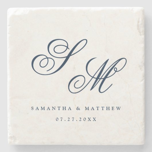 Elegant Navy Blue Script Monogram Weddenschap Stenen Onderzetter (Voorkant)