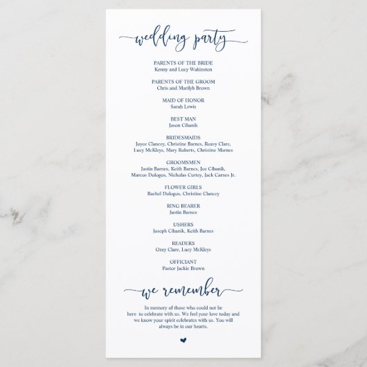 Elegant Navy Blue Script, onze huwelijksceremonie Programma (Achterkant)
