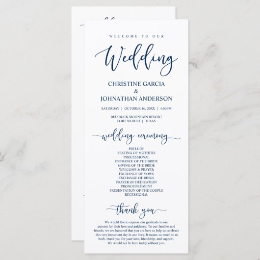 Elegant Navy Blue Script, onze huwelijksceremonie Programma (Voorkant / Achterkant)