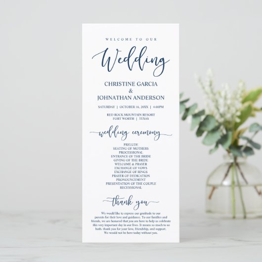 Elegant Navy Blue Script, onze huwelijksceremonie Programma (Staand voorkant)