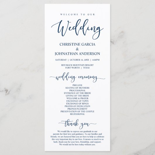 Elegant Navy Blue Script, onze huwelijksceremonie Programma (Voorkant)