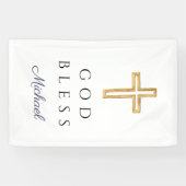 Elegant Navy Blue Script Religious Boy God Bless Spandoek (Horizontaal)