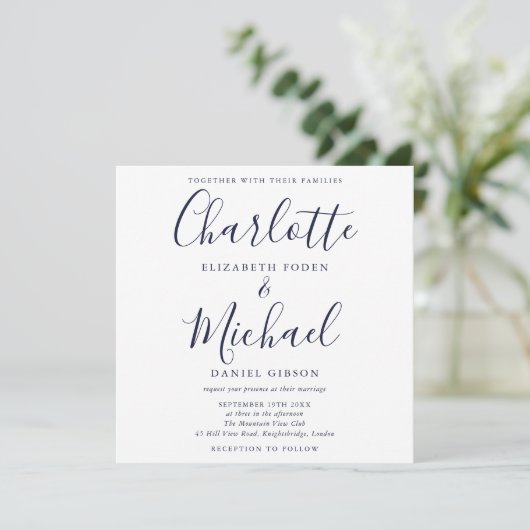 Elegant Navy Blue Signature Script Weddenschap Kaart (Staand voorkant)