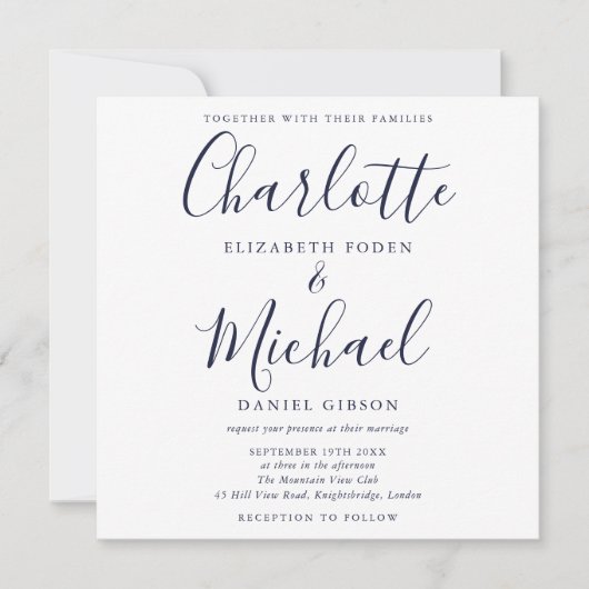 Elegant Navy Blue Signature Script Weddenschap Kaart (Voorkant)