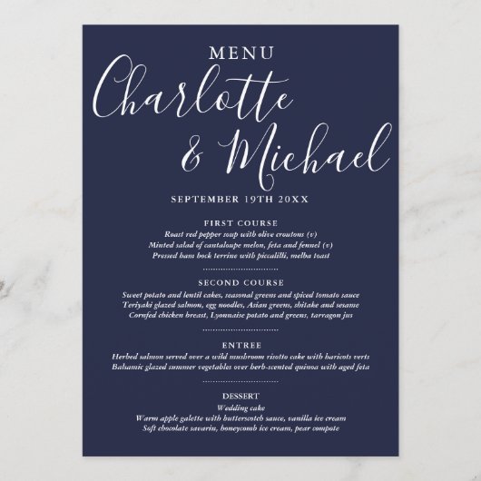 Elegant Navy Blue Signature Script Wedding Menu (Voorkant)