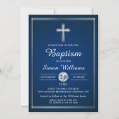 Elegant Navy Blue Silver Boy Baptism Invitation Kaart (Voorkant)