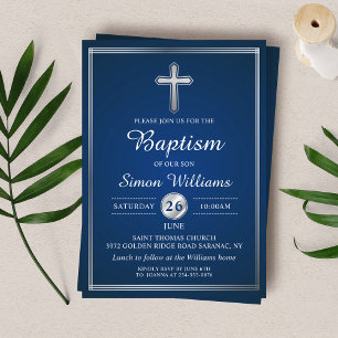 Elegant Navy Blue Silver Boy Baptism Invitation Kaart