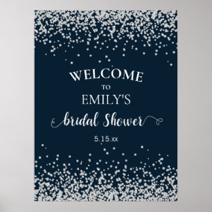 Elegant Navy Blue Silver Confetti Vrijgezellenfees Poster