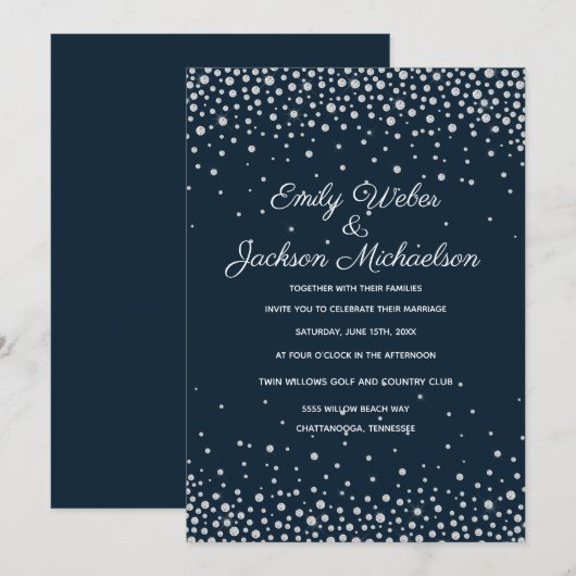 Elegant Navy Blue Silver Diamond Confetti Wedding Kaart (Voorkant / Achterkant)
