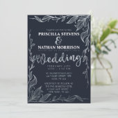 Elegant Navy Blue Silver Drawn Floral Vine Wedding Kaart (Staand voorkant)