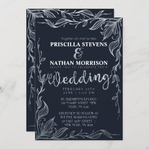 Elegant Navy Blue Silver Drawn Floral Vine Wedding Kaart