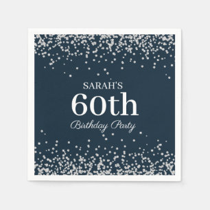 Elegant Navy Blue Silver Glitter 60th Birthday Servet