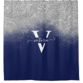 Elegant Navy Blue Silver Glitter Sparkle Monogram Douchegordijn (Voorkant)