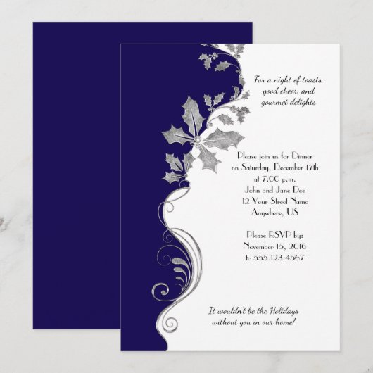Elegant Navy Blue Silver Holly Kerstfeest Kaart (Voorkant / Achterkant)