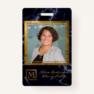 Elegant Navy Blue Square Gold Monogram Notary Badge