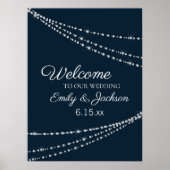 Elegant Navy Blue String Lights Wedding Poster (Voorkant)