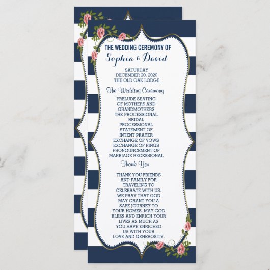 Elegant Navy Blue Stripes Wedding Ceremony Program Programma (Voorkant / Achterkant)