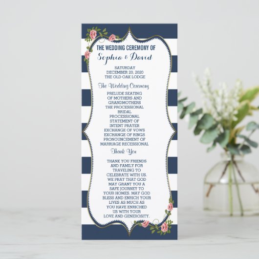 Elegant Navy Blue Stripes Wedding Ceremony Program Programma (Staand voorkant)
