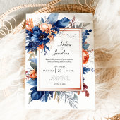 Elegant Navy Blue Terracotta Floral Boho Wedding Kaart