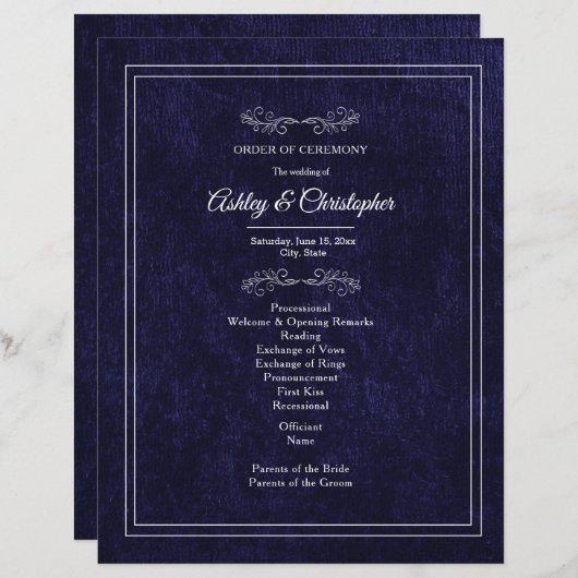 Elegant Navy Blue Velvet White Wedding Program (Voorkant / Achterkant)